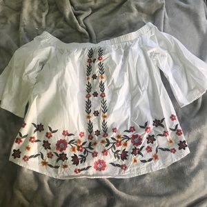 White flower embroidered off the shoulder top